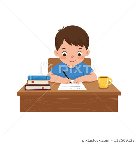 Boy studying at desk with books and cup writing on paper vector illustration 132509122