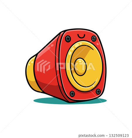 Red and Yellow Cartoon Loudspeaker Vector Illustration with Smiling Face Design Red and Yellow Cartoon Loudspeaker Vector Illustration with Smiling Face Design 132509123