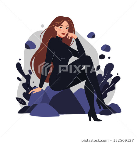 Woman in black bodysuit sitting on rocks with long brown hair vector illustration Woman in black bodysuit sitting on rocks with long brown hair vector illustration 132509127