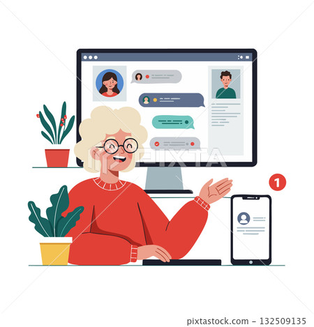 Elderly woman using video call computer and smartphone messaging illustration vector Elderly woman using video call computer and smartphone messaging illustration vector 132509135