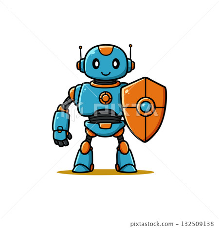 Cute blue and orange robot holding shield in standing pose vector illustration Cute blue and orange robot holding shield in standing pose vector illustration 132509138