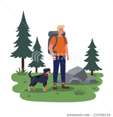 Man hiking with dog in forest landscape with pine trees and rocks vector illustration 132509139