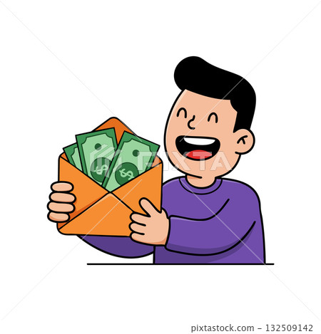 Happy man holding envelope with dollar bills smiling cheerful vector illustration Happy man holding envelope with dollar bills smiling cheerful vector illustration 132509142