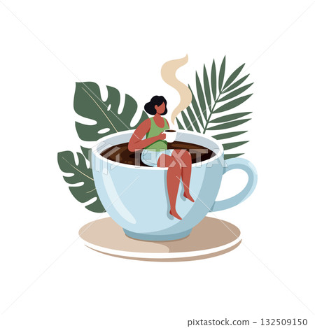 Woman Relaxing in Large Coffee Cup with Tropical Leaves Vector Illustration 132509150