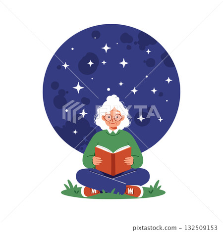 Elderly Woman Reading Book Under Starry Night Sky in Calm Outdoor Scene Elderly Woman Reading Book Under Starry Night Sky in Calm Outdoor Scene 132509153