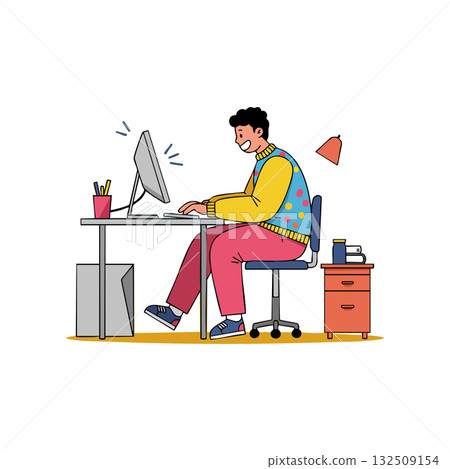 Young man working on computer at desk in colorful outfit vector illustration Young man working on computer at desk in colorful outfit vector illustration 132509154