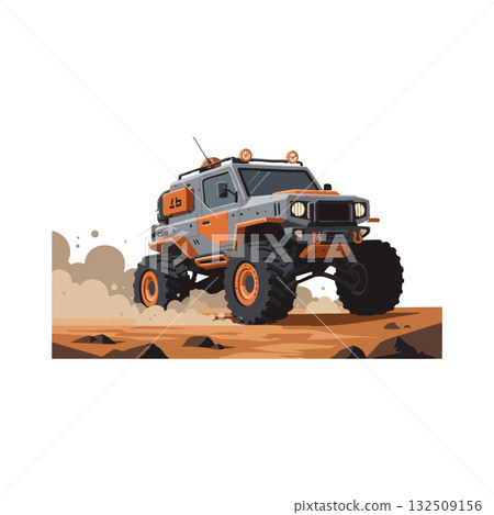 Off-road 4x4 vehicle driving on rocky terrain with dust trail vector illustration 132509156