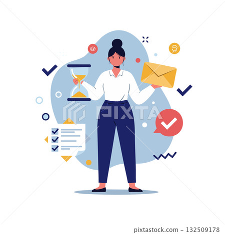 Woman holding hourglass and envelope managing time and communication vector illustration 132509178