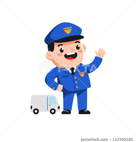 Cartoon mailman waving hand with blue uniform and delivery truck vector illustration 132509180