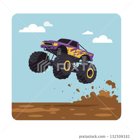 Monster truck jumping over muddy terrain with large tires and flame decals vector illustration Monster truck jumping over muddy terrain with large tires and flame decals vector illustration 132509181