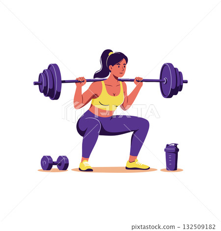 Woman weightlifting with barbell in yellow sportswear performing squat exercise vector illustration Woman weightlifting with barbell in yellow sportswear performing squat exercise vector illustration 132509182