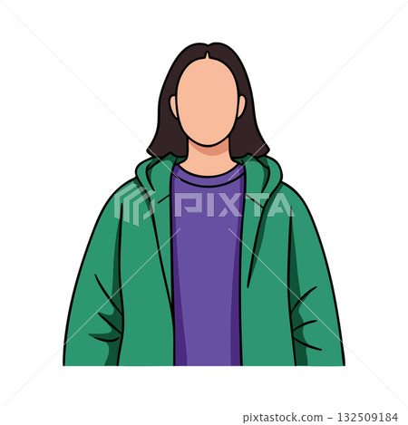 Faceless young person wearing green jacket and purple shirt front view vector illustration 132509184