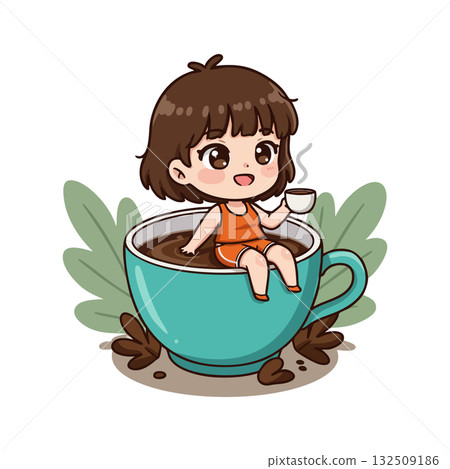 Cute girl relaxing in large blue coffee cup with coffee beans vector illustration 132509186