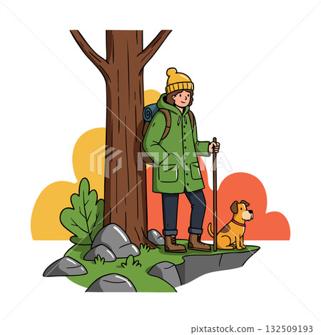 Hiker with dog standing on rock near tree autumn foliage outdoors vector illustration Hiker with dog standing on rock near tree autumn foliage outdoors vector illustration 132509193