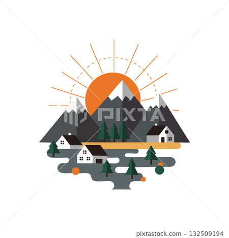 Mountain village landscape with sunrise silhouette and pine trees vector illustration 132509194