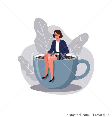 Businesswoman sitting inside large coffee cup with leaves background vector illustration 132509196