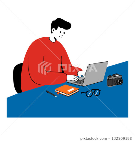 Man working on laptop with notebook pen camera and glasses on blue table vector illustration 132509198