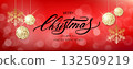 Merry Christmas background with blur bokeh light effect. Lettering Merry Christmas and Happy New Year. Red background 132509219
