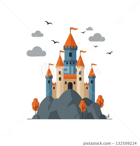 Medieval castle with orange flags on rocky hill under cloudy sky vector illustration 132509224