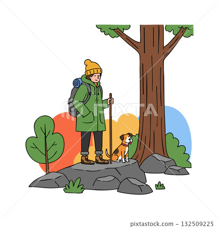Hiker with dog standing on rock near tree in colorful background vector illustration Hiker with dog standing on rock near tree in colorful background vector illustration 132509225