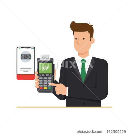 Businessman using contactless payment terminal with smartphone digital wallet vector illustration Businessman using contactless payment terminal with smartphone digital wallet vector illustration 132509229