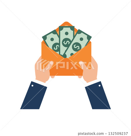 Hands Holding Orange Envelope with Dollar Bills Money Vector Illustration Hands Holding Orange Envelope with Dollar Bills Money Vector Illustration 132509237