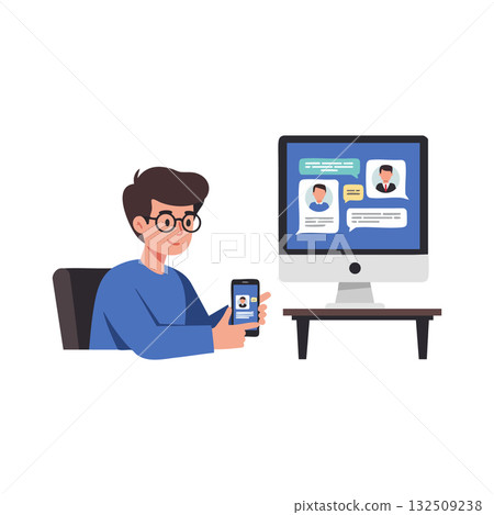 Man Engaging in Online Video Chat on Computer and Smartphone Technology Vector Illustration Man Engaging in Online Video Chat on Computer and Smartphone Technology Vector Illustration 132509238