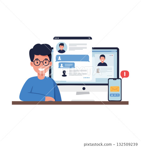 Young man using computer and smartphone for messaging and social communication vector illustration Young man using computer and smartphone for messaging and social communication vector illustration 132509239