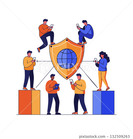 Digital security shield with connected people using mobile devices vector illustration 132509263