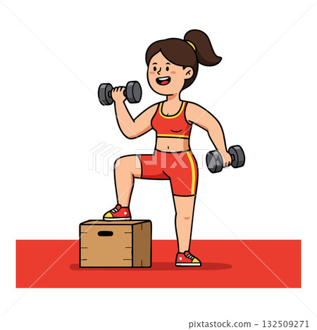 Woman Exercising with Dumbbells on Step Platform in Red Sportswear Fitness Training Woman Exercising with Dumbbells on Step Platform in Red Sportswear Fitness Training 132509271