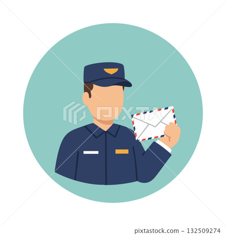 Mail carrier holding envelope vector illustration in uniform with cap and badge Mail carrier holding envelope vector illustration in uniform with cap and badge 132509274