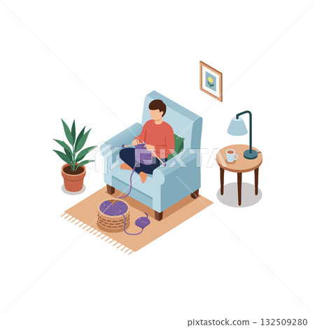 Person Relaxing on Blue Armchair Knitting Indoors with Plant and Table Lamp Vector Illustration Person Relaxing on Blue Armchair Knitting Indoors with Plant and Table Lamp Vector Illustration 132509280