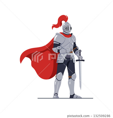 Medieval knight in silver armor with red cape holding sword vector illustration 132509286