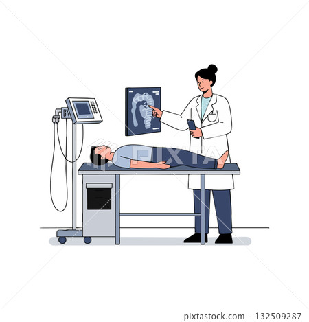 Doctor Explaining Lung X-ray to Patient in Medical Examination Room Vector Illustration Doctor Explaining Lung X-ray to Patient in Medical Examination Room Vector Illustration 132509287