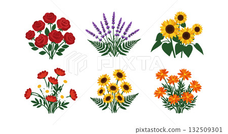 Various colorful flower bouquets with roses lavender sunflowers and marigolds vector illustration Various colorful flower bouquets with roses lavender sunflowers and marigolds vector illustration 132509301