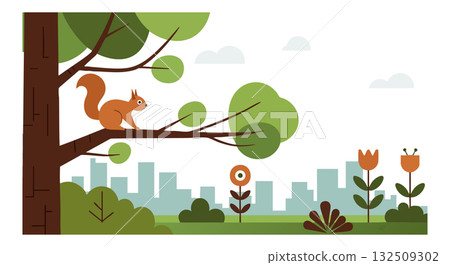 Squirrel on Tree Branch with Cityscape Background and Greenery Vector Illustration 132509302