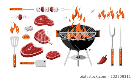 Barbecue grill with flaming fire and grilled meat pieces vector illustration 132509311