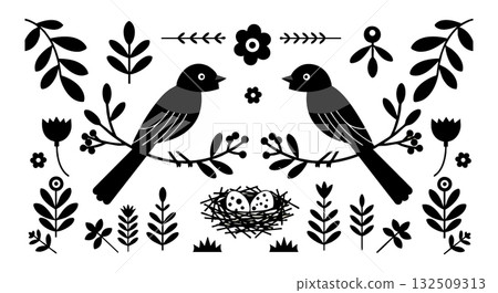 Two birds with floral elements and nest vector illustration in black and white 132509313