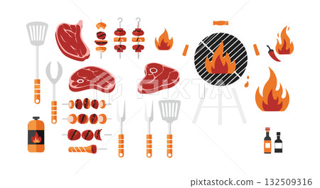 Barbecue Grill with Meat Steaks Skewers Flames and Cooking Utensils Vector Illustration Barbecue Grill with Meat Steaks Skewers Flames and Cooking Utensils Vector Illustration 132509316