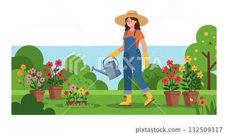 Woman watering garden flowers in colorful outdoor spring scene with plants vector illustration Woman watering garden flowers in colorful outdoor spring scene with plants vector illustration 132509317