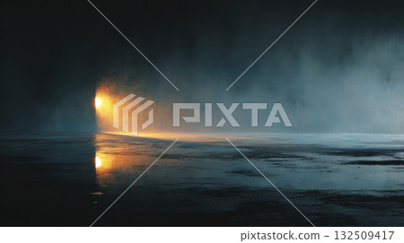Golden Light Through Fog And Water On A Dark, Mysterious Tunnel Scene Golden Light Through Fog And Water On A Dark, Mysterious Tunnel Scene 132509417