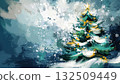 The emerald christmas tree oil illustration made with strokes of white green paint.Banner 132509449