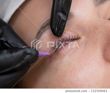 The process of professional eyelash lamination in a salon. The process of professional eyelash lamination in a salon. 132509461