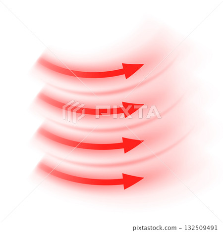 Air flow, wave red arrows showing wind direction of air movement, vector curve hot stream visualizing from an air heater 132509491