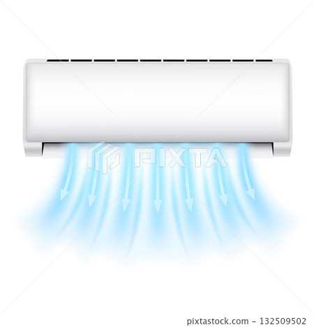 Cold fresh air flow stream with blue arrows from an air conditioner, vector electronic appliance with climate control 132509502