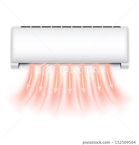 Hot air flow stream with red arrows from air conditioner, vector electronic appliance for heat temperature and climate 132509504