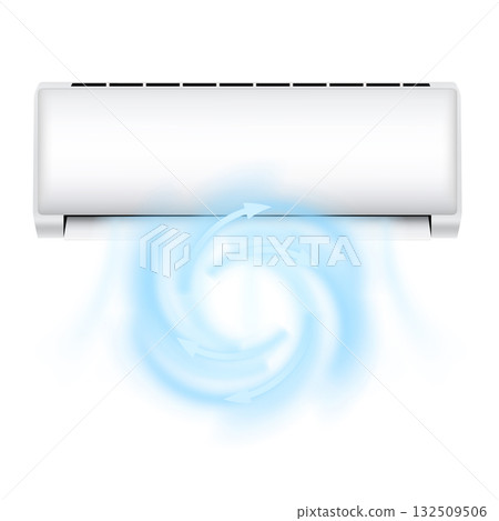 White air conditioner icon with blue arrows of cool circular air flow. White air conditioner icon with blue arrows of cool circular air flow. 132509506