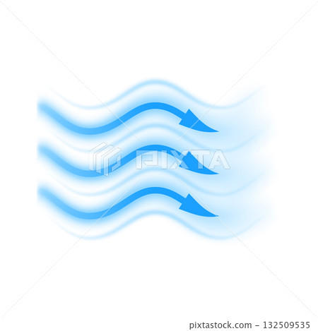 Air flow, wavy blue arrows showing wind direction of air movement, vector cold fresh stream, blurred air flow movement 132509535