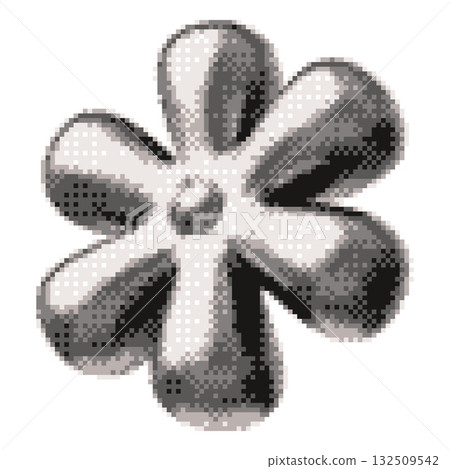 3D glossy chrome flower figure melted metal surface vector pixel art, retro Y2K aesthetic silver chamomile squared emoji 132509542