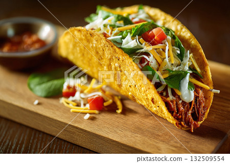 Corn tortilla filled with minced meat, vegetables and cheese on a wooden tray. 132509554